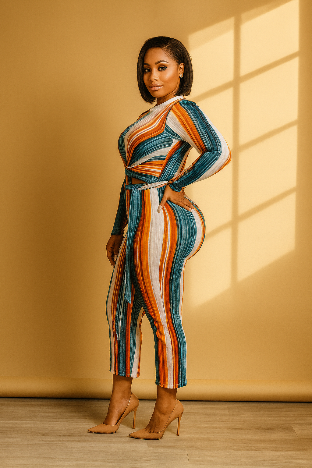 Aura13 Striped Casual Long Sleeve Dress – Soft Knit Winter Outfit for Women