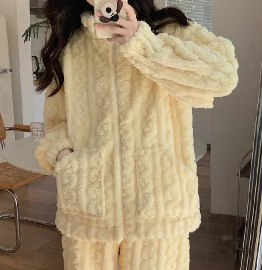 Aura13 Women’s Velvet Jacquard Pajama Set – Coral Plush Zipper Loungewear for Cozy Elegance