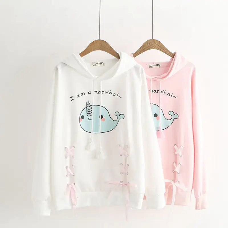 Aura13 Kawaii Cotton Hoodie for Women – Cute Cartoon Print Oversized Sweatshirt in Pink or White