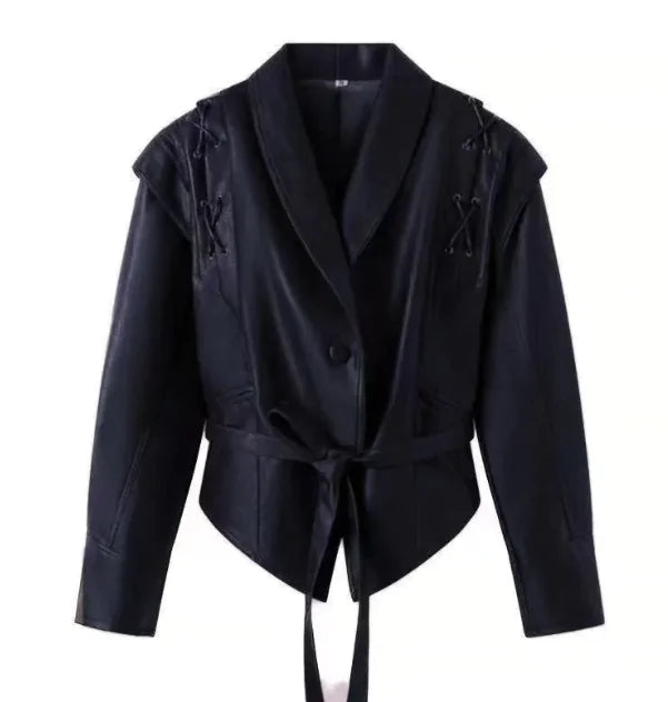 Aura13 Women’s Faux Leather Motorcycle Coat – Vintage V-Neck Street Style Jacket for Autumn & Winter