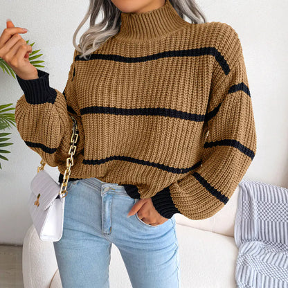 Aura13 Women’s Striped Knit Sweater – Lantern Sleeve Half-High Neck Pullover for Autumn & Winter