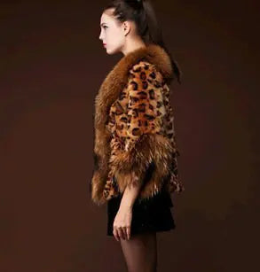 Aura13 Women’s Leopard Print Faux Fur Coat – Short Winter Jacket with Big Collar