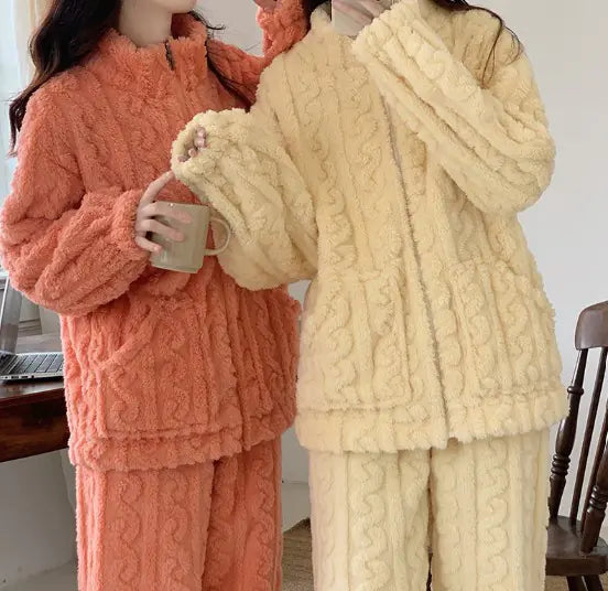 Aura13 Women’s Velvet Jacquard Pajama Set – Coral Plush Zipper Loungewear for Cozy Elegance