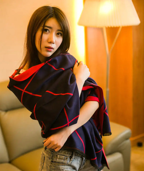 Aura13 Thick Reversible Plaid Scarf – Double-Sided Long Winter Shawl for Women (320g, 190×65cm)