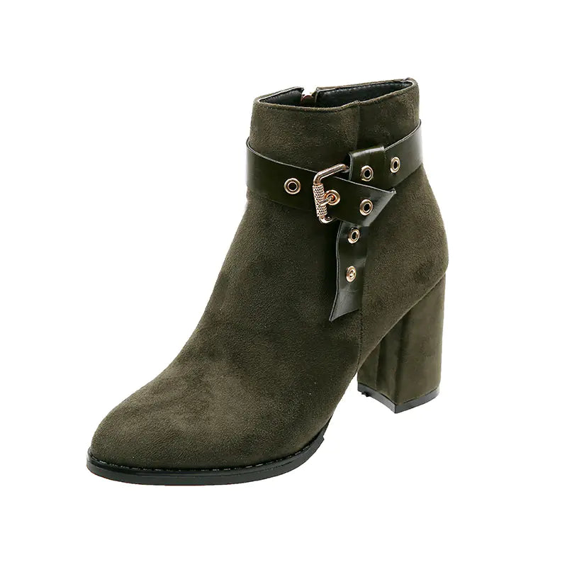 Aura13 Women’s Suede Heeled Ankle Boots – Pointed Toe Thick Heel Boots with Buckle Detail