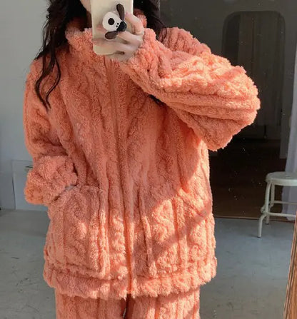 Aura13 Women’s Velvet Jacquard Pajama Set – Coral Plush Zipper Loungewear for Cozy Elegance