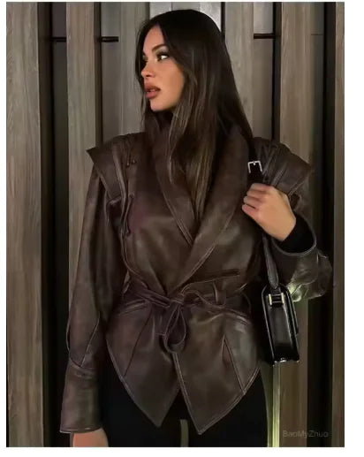 Aura13 Women’s Faux Leather Motorcycle Coat – Vintage V-Neck Street Style Jacket for Autumn & Winter