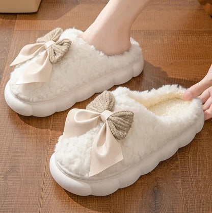 Aura13 Women’s Winter Plush Fur Slippers – Soft Indoor Slides with Bow & Non-Slip Sole