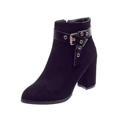 Aura13 Women’s Suede Heeled Ankle Boots – Pointed Toe Thick Heel Boots with Buckle Detail