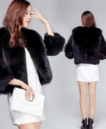 Aura13 Faux Fox & Rabbit Fur Coat – Short Plush One-Piece with Chic Collar and Zipper Detail
