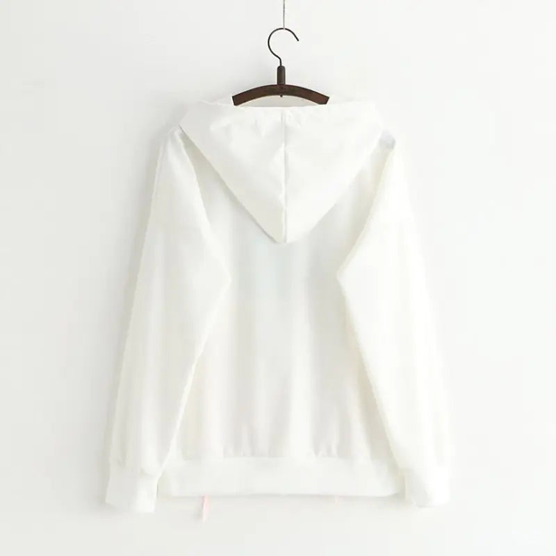 Aura13 Kawaii Cotton Hoodie for Women – Cute Cartoon Print Oversized Sweatshirt in Pink or White