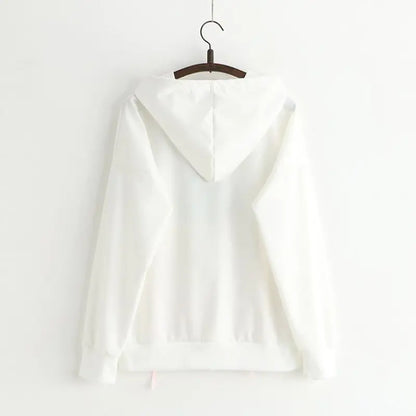 Aura13 Kawaii Cotton Hoodie for Women – Cute Cartoon Print Oversized Sweatshirt in Pink or White