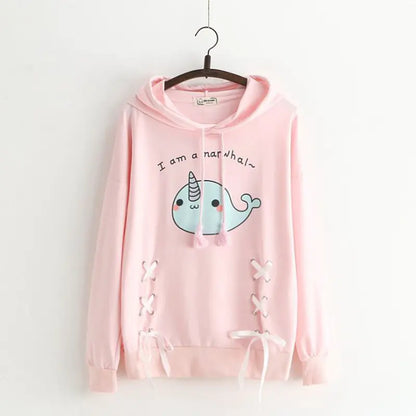 Aura13 Kawaii Cotton Hoodie for Women – Cute Cartoon Print Oversized Sweatshirt in Pink or White