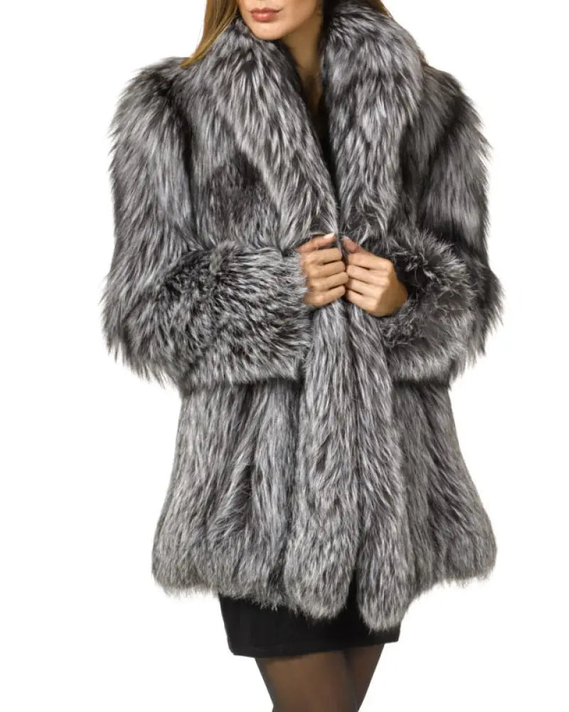 Aura13 Winter Faux Fur Coat for Women – Elegant Fox Fur Collar Plush Jacket