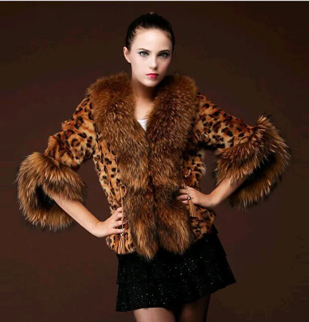Aura13 Women’s Leopard Print Faux Fur Coat – Short Winter Jacket with Big Collar