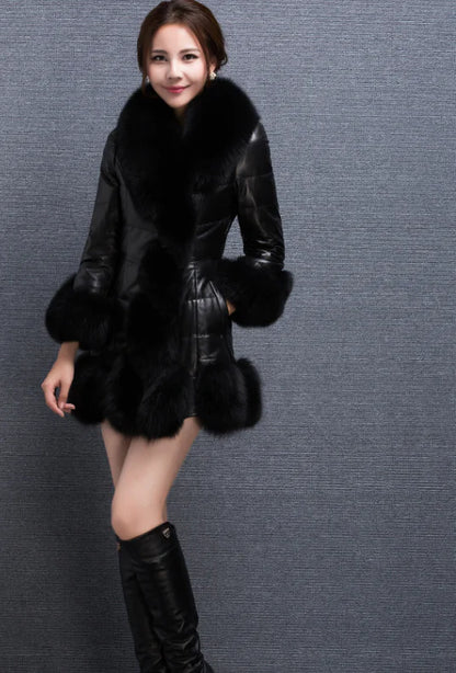 Aura13 Slim Fit Mid-Length Faux Fur Coat – Women’s Fox Fur Collar Winter Jacket