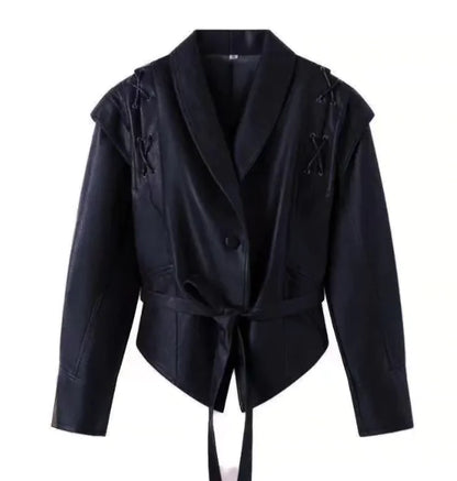 Aura13 Women’s Faux Leather Motorcycle Coat – Vintage V-Neck Street Style Jacket for Autumn & Winter