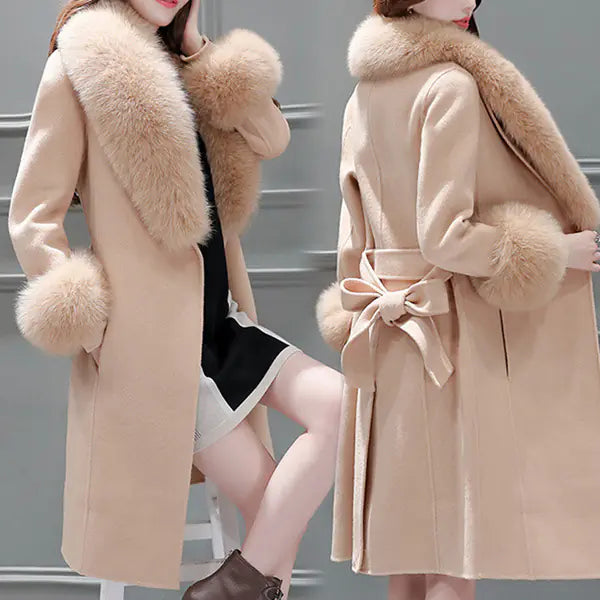 Aura13 Women’s Long Wool Blend Coat – Elegant Fox Fur Trim Winter Overcoat