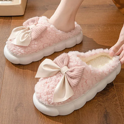 Aura13 Women’s Winter Plush Fur Slippers – Soft Indoor Slides with Bow & Non-Slip Sole