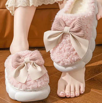Aura13 Women’s Winter Plush Fur Slippers – Soft Indoor Slides with Bow & Non-Slip Sole