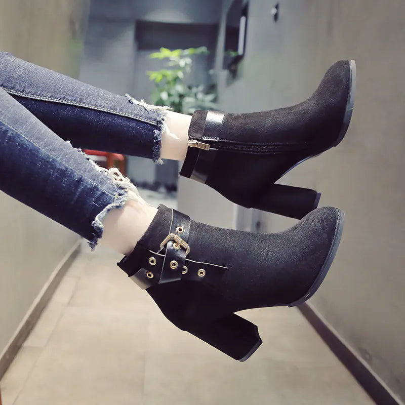 Aura13 Women’s Suede Heeled Ankle Boots – Pointed Toe Thick Heel Boots with Buckle Detail