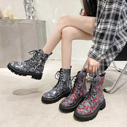 Aura13 Floral Martin Boots for Women – Warm Printed Winter Motorcycle Boots with Lace-Up Design