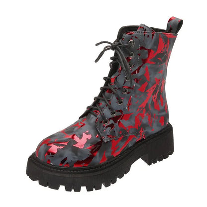 Aura13 Floral Martin Boots for Women – Warm Printed Winter Motorcycle Boots with Lace-Up Design