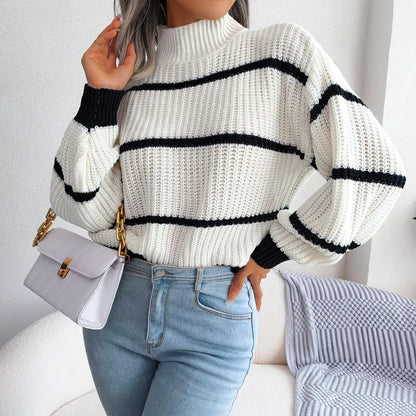 Aura13 Women’s Striped Knit Sweater – Lantern Sleeve Half-High Neck Pullover for Autumn & Winter