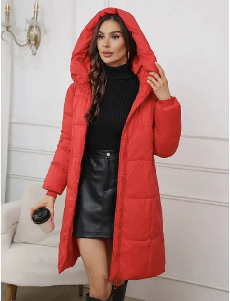 Aura13 Women’s Hooded Mid-Length Padded Coat – Warm Cotton-Filled Slim Fit Winter Jacket