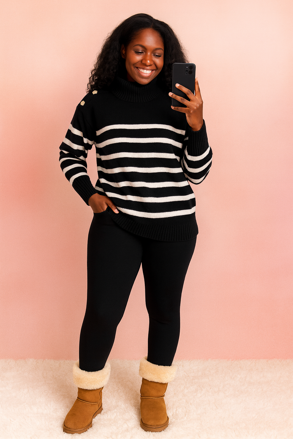 Aura13 Women’s Striped Turtleneck Sweater – Autumn/Winter High-Neck Pullover with Shoulder Button Detail