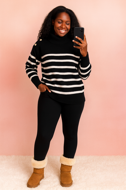 Aura13 Women’s Striped Turtleneck Sweater – Autumn/Winter High-Neck Pullover with Shoulder Button Detail