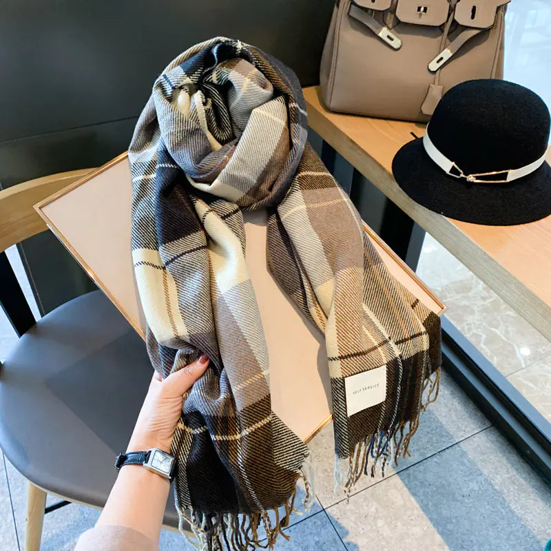 Aura13 Cozy Plaid Winter Scarf – Soft Imitation Cashmere Warm Long Shawl Wrap