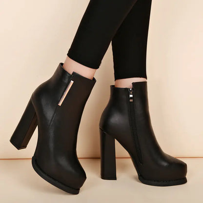 Aura13 Women’s Chunky Heeled Waterproof Martin Boots – High-Heel PU Leather Ankle Boots for Autumn & Winter