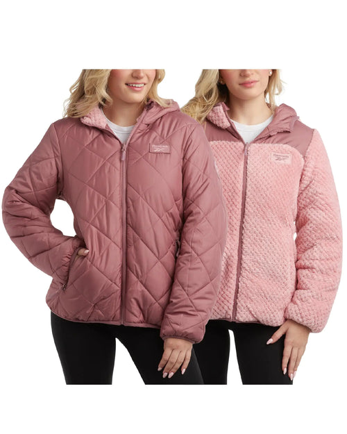 Reebok Women's Puffer Jacket Quilted Puffer Reversible to Faux Fleece Jacket Insulated Winter Jackets for Women Size Large Dark Dusty Rose