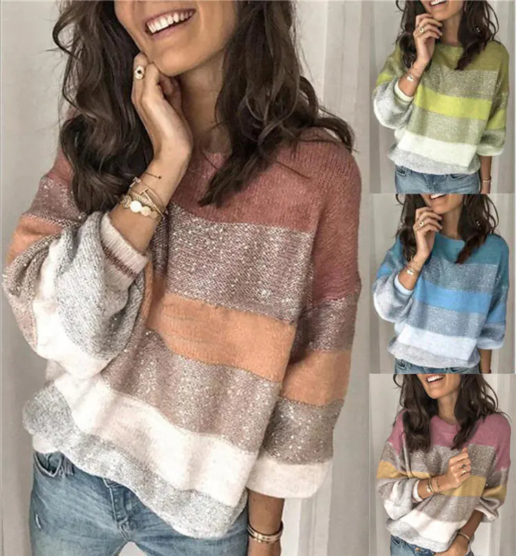 Aura13 Women’s Striped Knit Sweater – Cozy Cotton Wool Mohair Blend Pullover for Autumn & Winter