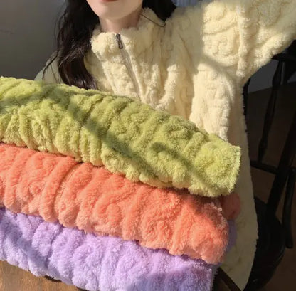 Aura13 Women’s Velvet Jacquard Pajama Set – Coral Plush Zipper Loungewear for Cozy Elegance