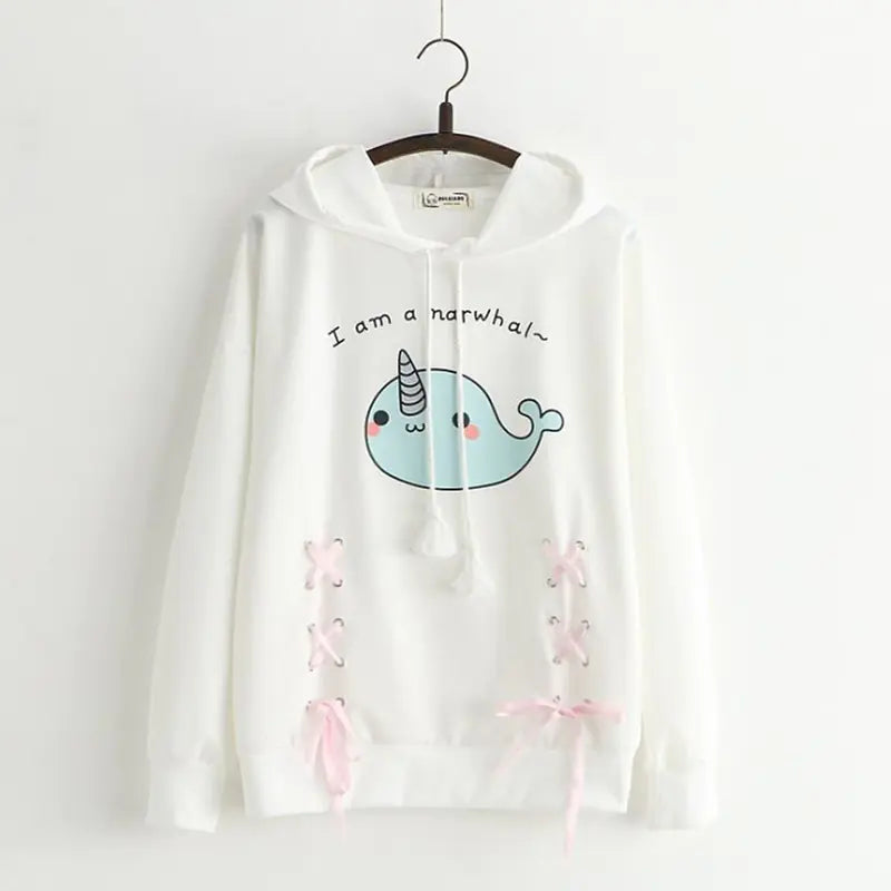 Aura13 Kawaii Cotton Hoodie for Women – Cute Cartoon Print Oversized Sweatshirt in Pink or White
