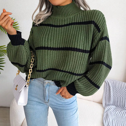 Aura13 Women’s Striped Knit Sweater – Lantern Sleeve Half-High Neck Pullover for Autumn & Winter