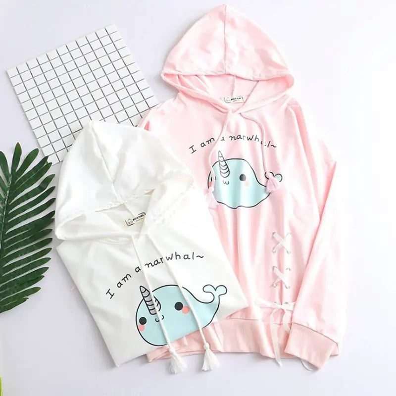 Aura13 Kawaii Cotton Hoodie for Women – Cute Cartoon Print Oversized Sweatshirt in Pink or White