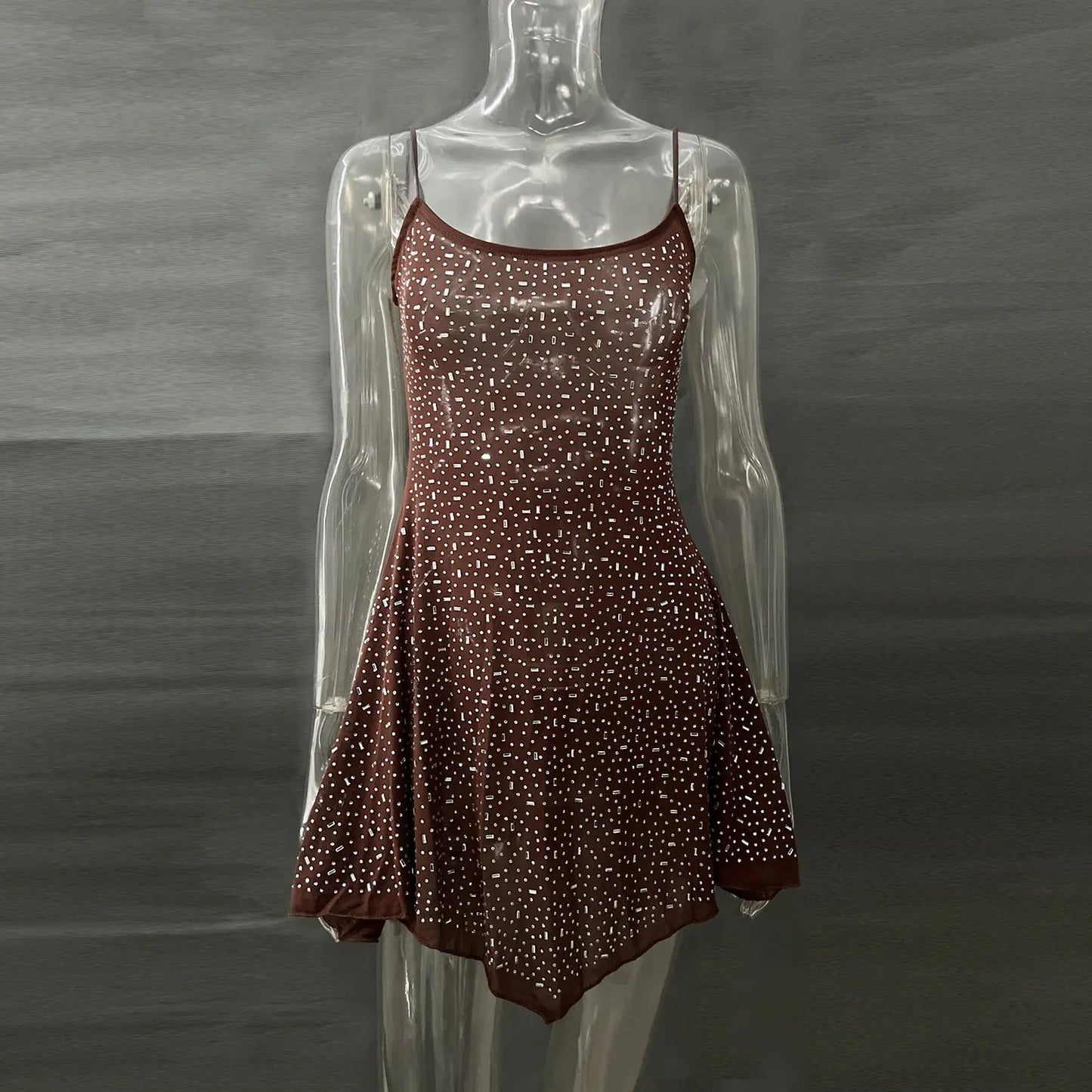 Aura13 Hot Drilling Semi-See-Through Sling Dress – Elegant Asymmetric Mini for Night Out Glamour