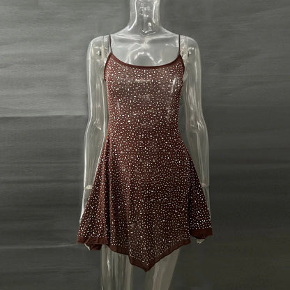 Aura13 Hot Drilling Semi-See-Through Sling Dress – Elegant Asymmetric Mini for Night Out Glamour