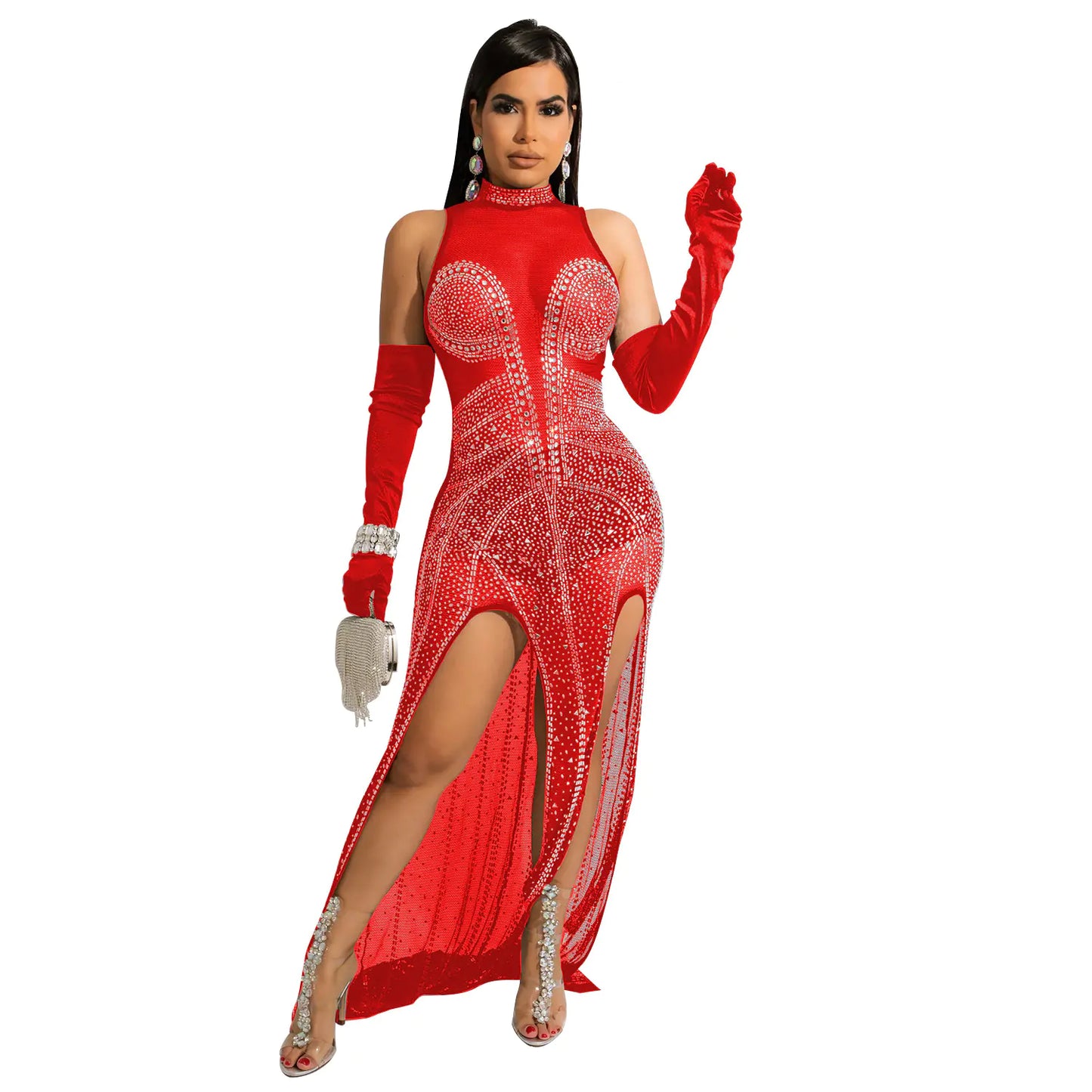 Aura13 Mesh Hot Drilling See-Through Dress – Elegant Long Asymmetric Gown for Night Out Glamour