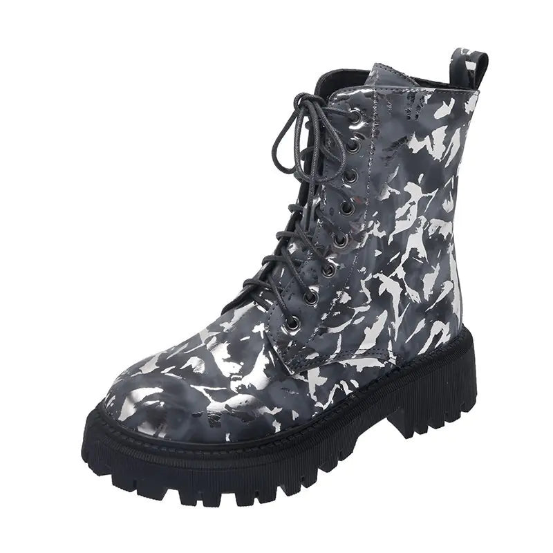 Aura13 Floral Martin Boots for Women – Warm Printed Winter Motorcycle Boots with Lace-Up Design
