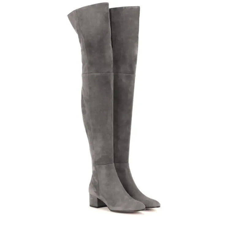 Aura13 Gray Over-the-Knee Suede Boots – Flat Heel Tall Winter Fashion Boots for Women