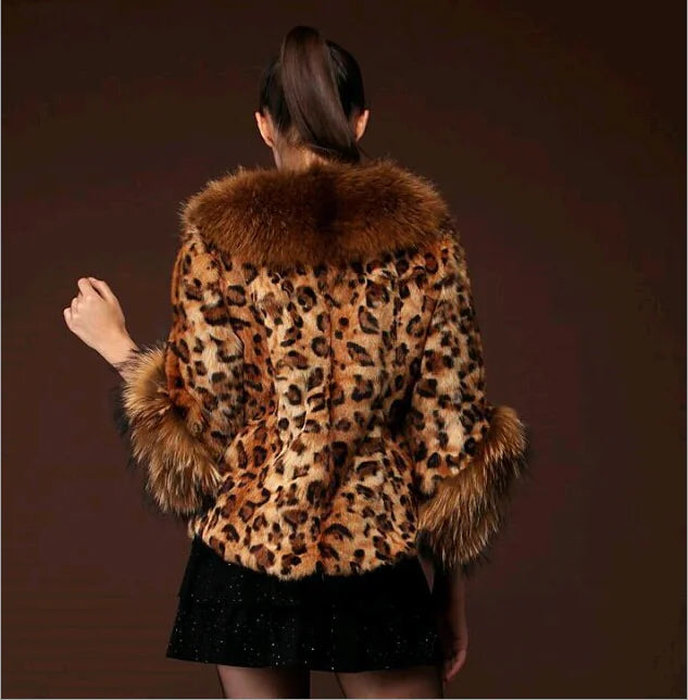 Aura13 Women’s Leopard Print Faux Fur Coat – Short Winter Jacket with Big Collar
