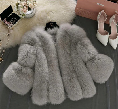 Aura13 Faux Fox Fur Short Coat for Women – Elegant Patchwork Plush Winter Jacket