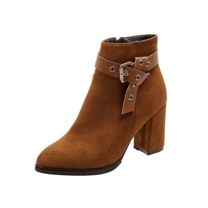 Aura13 Women’s Suede Heeled Ankle Boots – Pointed Toe Thick Heel Boots with Buckle Detail