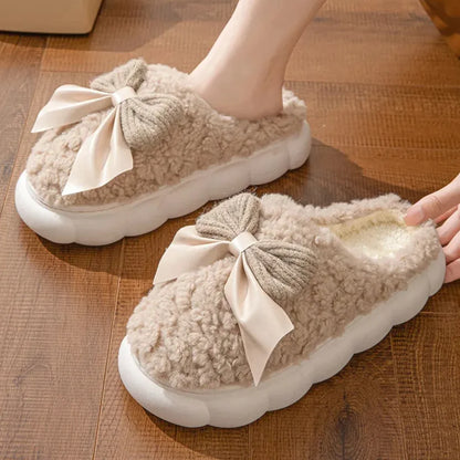 Aura13 Women’s Winter Plush Fur Slippers – Soft Indoor Slides with Bow & Non-Slip Sole