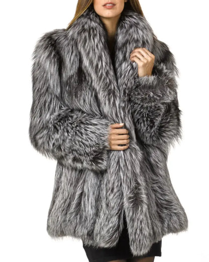 Aura13 Winter Faux Fur Coat for Women – Elegant Fox Fur Collar Plush Jacket