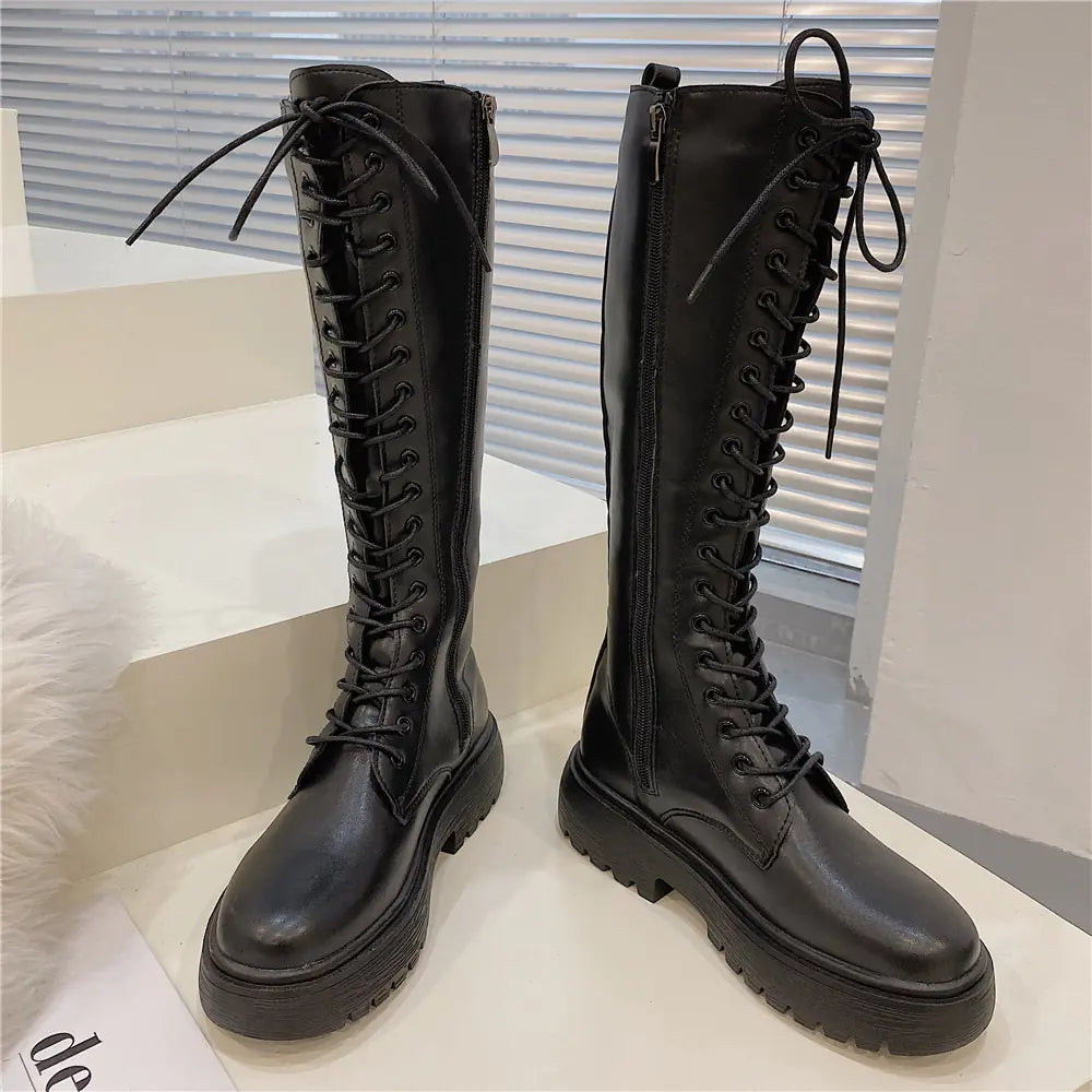 Aura13 Elegant High-Top Knight Boots for Women – Chunky Heel Warm PU Leather Winter Boots